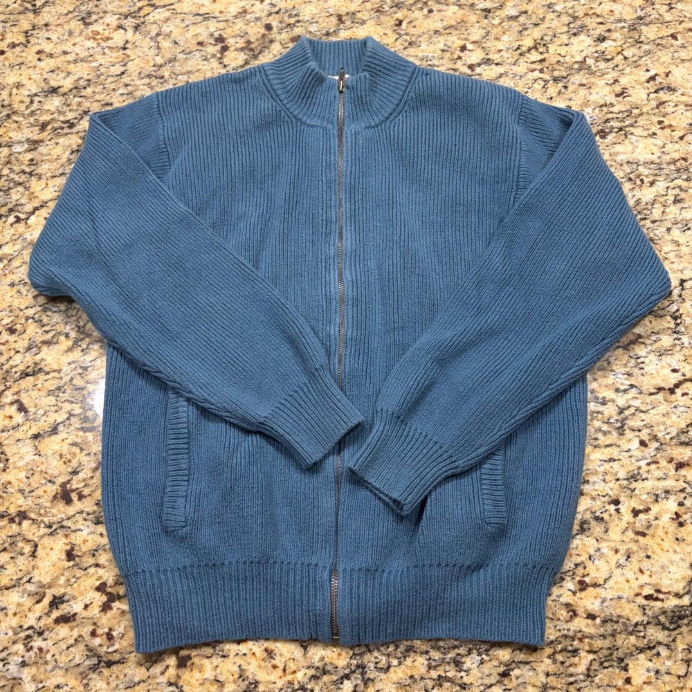 LL Bean Mens Full Zip Ribbed Cardigan Sweater Blue Cotton Blend Size Small Reg